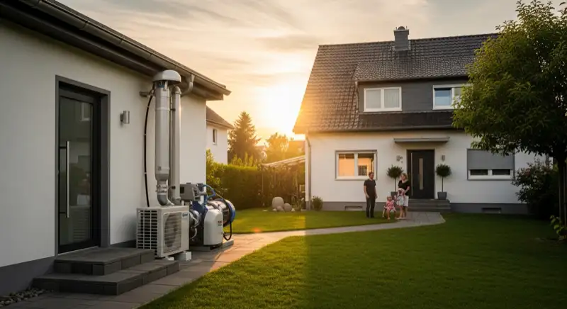 Wärmepumpe vor einem Görlitzer Einfamilienhaus mit oberlausitzischer Untergrundfassade