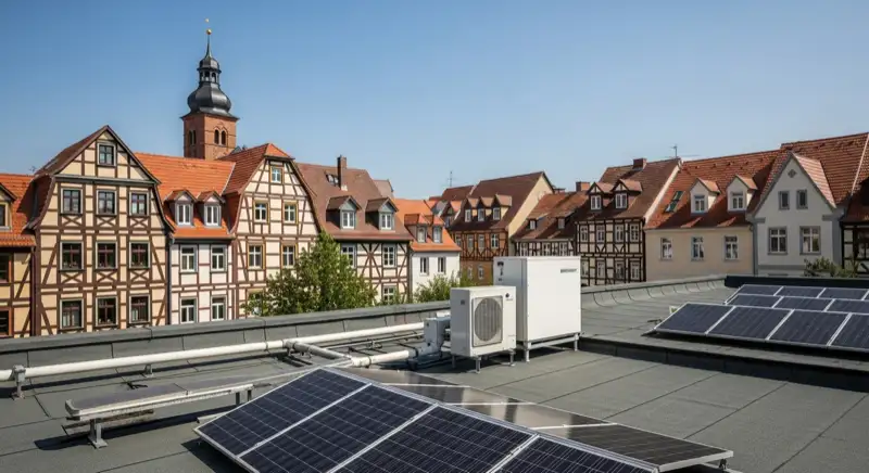 Wärmepumpe Außeneinheit vor historischer Görlitzer Altstadt-Architektur mit Oberlausitzer Umgebindehäusern