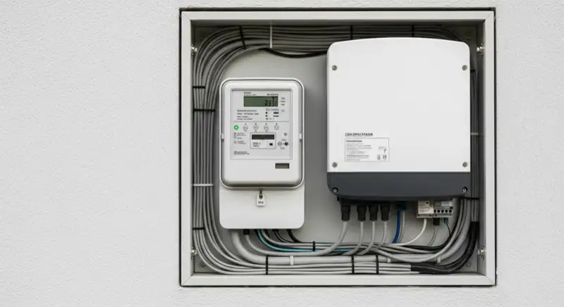 Modern German electrical meter cabinet (Zählerschrank) with smart meter and solar inverter connection, clean technical installation