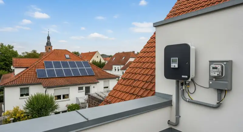 Modern German electrical meter cabinet (Zählerschrank) with smart meter and solar inverter connection, clean technical installation