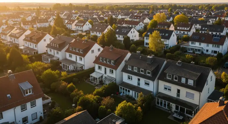 Aerial drone view of typical German residential neighborhood with mixed roof types, red and dark roof tiles, gardens visible, sunny day