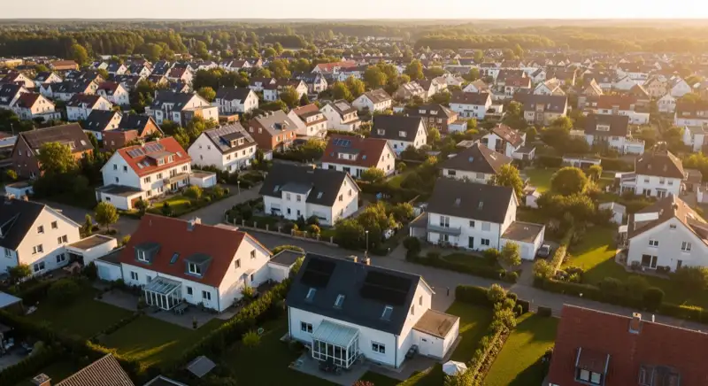 Aerial drone view of typical German residential neighborhood with mixed roof types, red and dark roof tiles, gardens visible, sunny day
