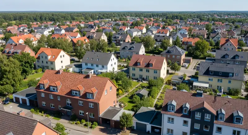 Aerial drone view of typical German residential neighborhood with mixed roof types, red and dark roof tiles, gardens visible, sunny day