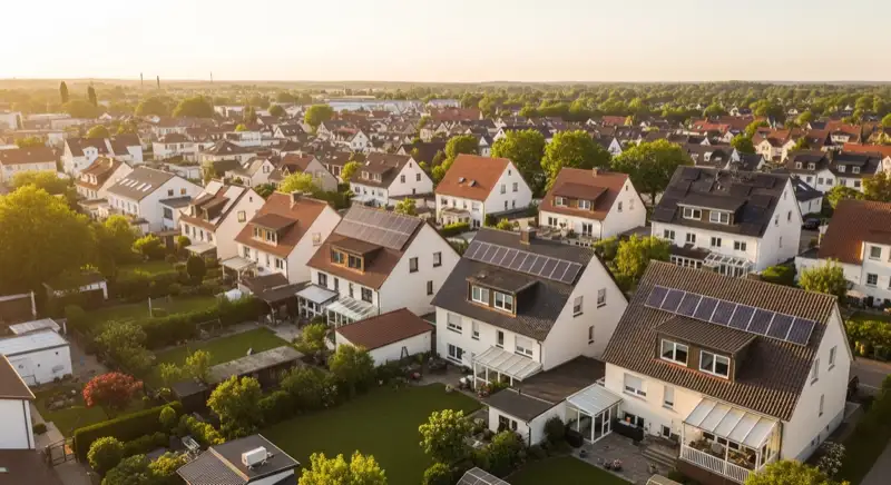 Aerial drone view of typical German residential neighborhood with mixed roof types, red and dark roof tiles, gardens visible, sunny day