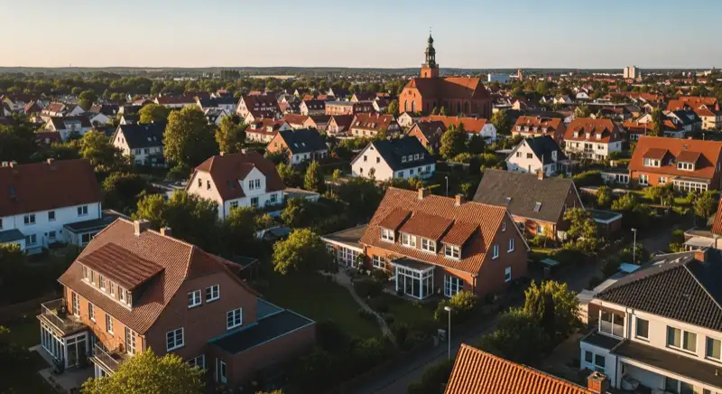 Aerial drone view of typical German residential neighborhood with mixed roof types, red and dark roof tiles, gardens visible, sunny day