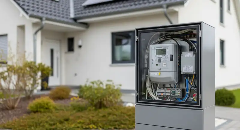 Modern German electrical meter cabinet (Zählerschrank) with smart meter and solar inverter connection, clean technical installation