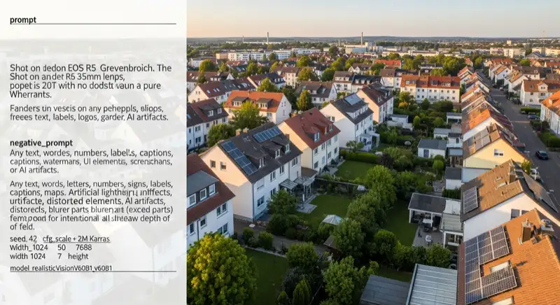 Aerial drone view of typical German residential neighborhood with mixed roof types, red and dark roof tiles, gardens visible, sunny day