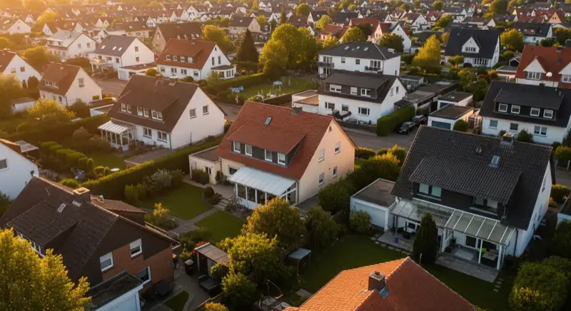 Aerial drone view of typical German residential neighborhood with mixed roof types, red and dark roof tiles, gardens visible, sunny day