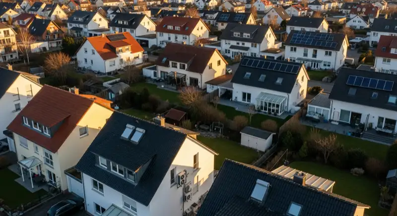 Aerial drone view of typical German residential neighborhood with mixed roof types, red and dark roof tiles, gardens visible, sunny day
