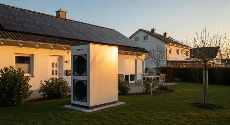 Moderne Luft-Wasser-Wärmepumpe vor Einfamilienhaus in Grevenbroich