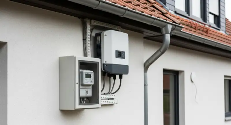 Modern German electrical meter cabinet (Zählerschrank) with smart meter and solar inverter connection, clean technical installation