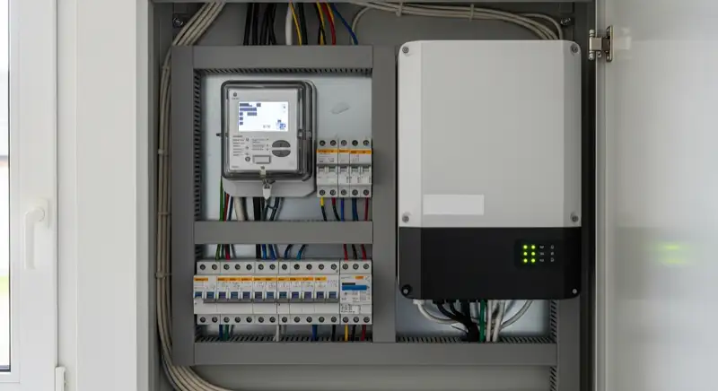 Modern German electrical meter cabinet (Zählerschrank) with smart meter and solar inverter connection, clean technical installation