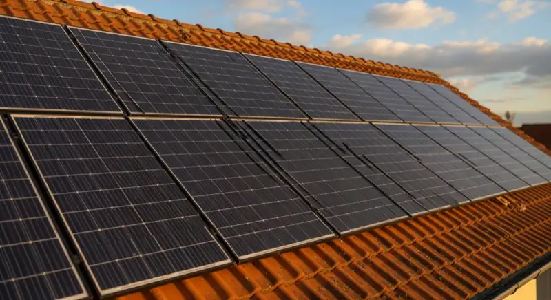 Close-up of photovoltaic solar panels installed on a traditional German Satteldach (gabled roof), blue sky with some clouds