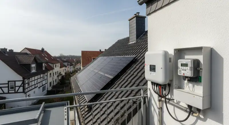 Modern German electrical meter cabinet (Zählerschrank) with smart meter and solar inverter connection, clean technical installation