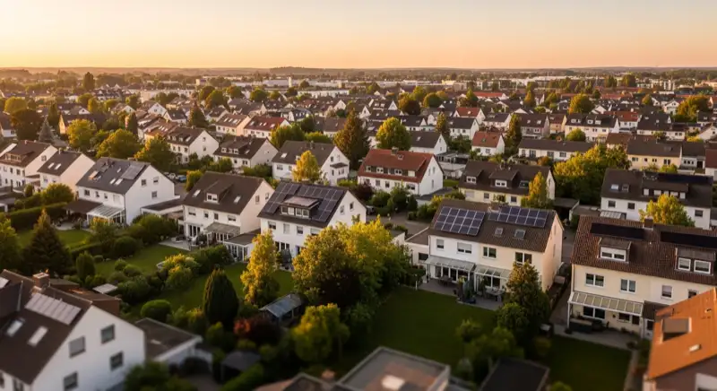 Aerial drone view of typical German residential neighborhood with mixed roof types, red and dark roof tiles, gardens visible, sunny day