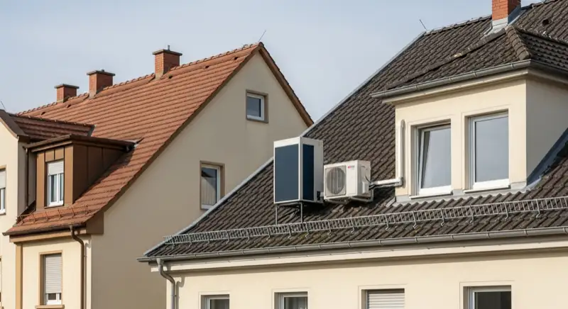 Altbau in Gummersbach mit moderner Luft-Wasser-Wärmepumpen-Außeneinheit an der Gebäudefassade