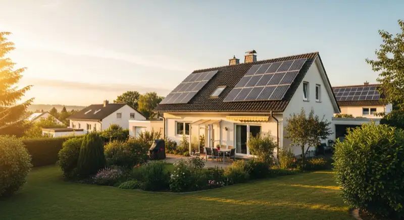 German detached house (Einfamilienhaus) with photovoltaic panels on pitched roof, well-maintained garden, warm afternoon sunlight