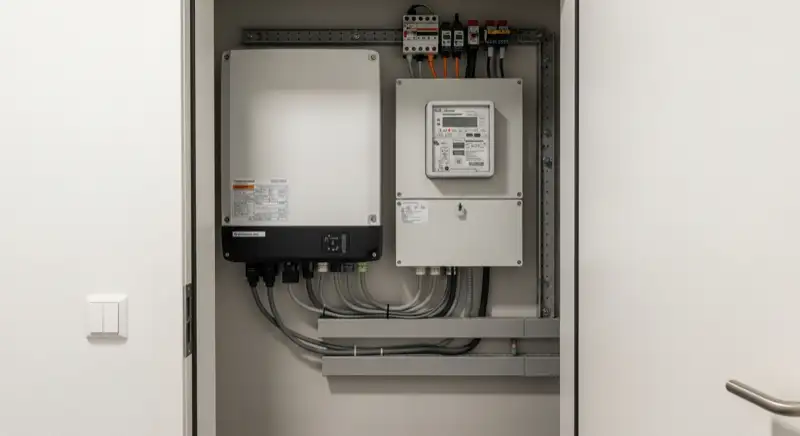 Modern German electrical meter cabinet (Zählerschrank) with smart meter and solar inverter connection, clean technical installation
