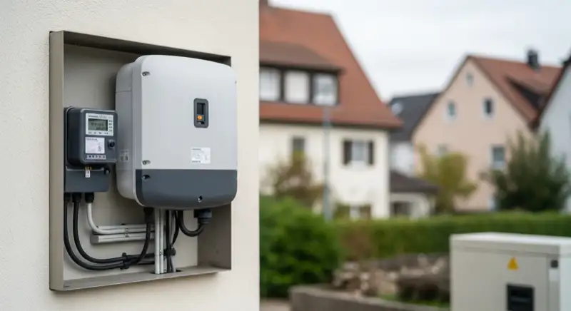 Modern German electrical meter cabinet (Zählerschrank) with smart meter and solar inverter connection, clean technical installation