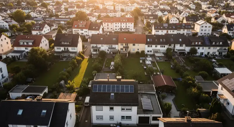 Aerial drone view of typical German residential neighborhood with mixed roof types, red and dark roof tiles, gardens visible, sunny day