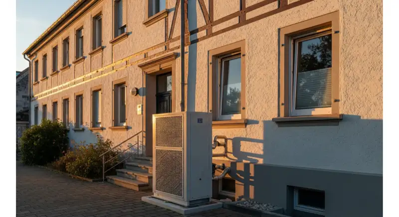 Altbau in Hagen mit moderner Luft-Wasser-Wärmepumpe vor der Fassade