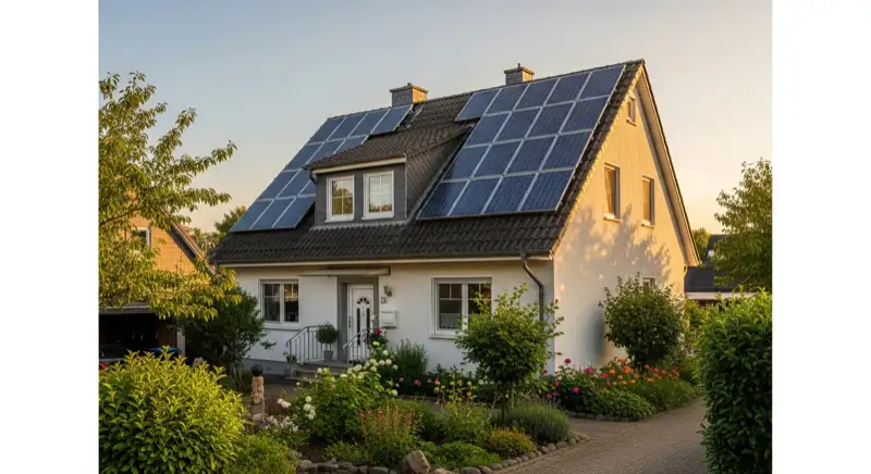German detached house (Einfamilienhaus) with photovoltaic panels on pitched roof, well-maintained garden, warm afternoon sunlight
