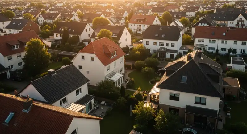 Aerial drone view of typical German residential neighborhood with mixed roof types, red and dark roof tiles, gardens visible, sunny day