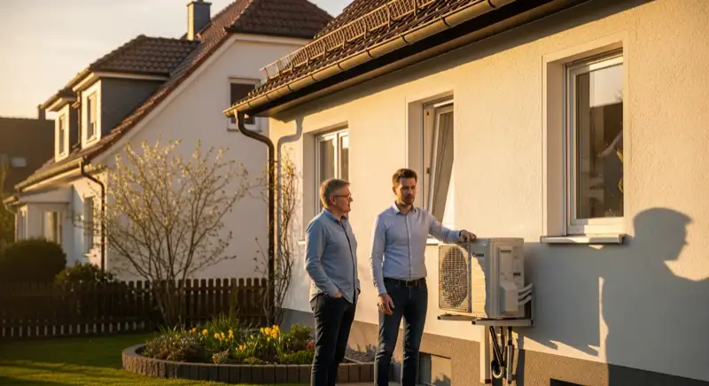 Energieberater mit Kostenaufstellung für Wärmepumpen in Halle (Saale), Laptop und Dokumente auf dem Schreibtisch
