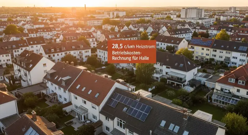 Aerial drone view of typical German residential neighborhood with mixed roof types, red and dark roof tiles, gardens visible, sunny day