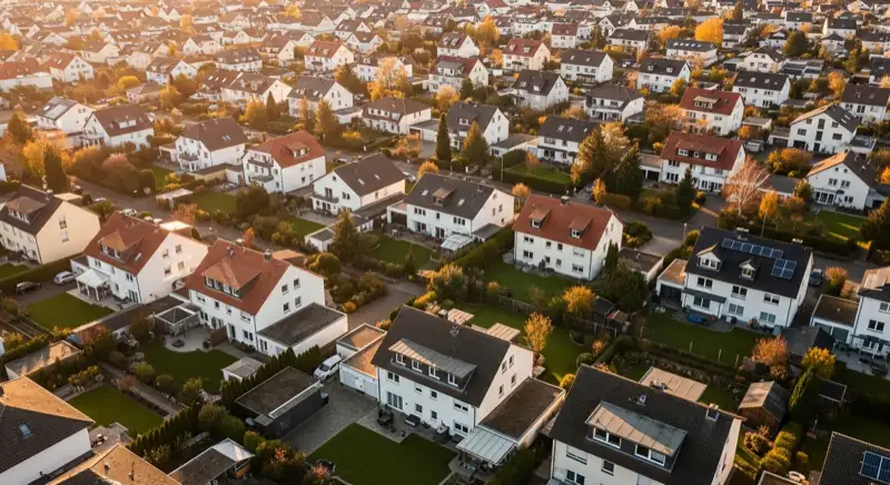 Aerial drone view of typical German residential neighborhood with mixed roof types, red and dark roof tiles, gardens visible, sunny day