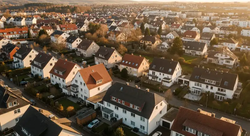 Aerial drone view of typical German residential neighborhood with mixed roof types, red and dark roof tiles, gardens visible, sunny day