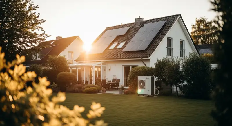 German detached house (Einfamilienhaus) with photovoltaic panels on pitched roof, well-maintained garden, warm afternoon sunlight