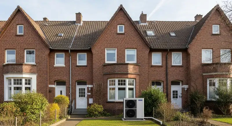 Hamburger Reihenhaus aus den 1980ern mit moderner Luft-Wärmepumpe im Vorgarten