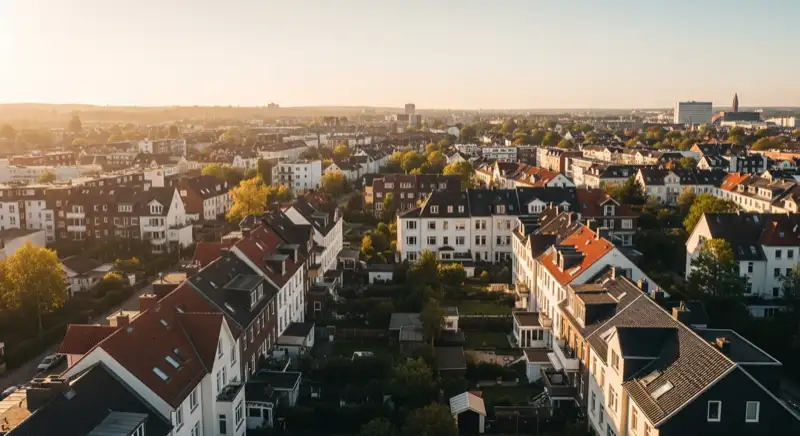 Aerial drone view of typical German residential neighborhood with mixed roof types, red and dark roof tiles, gardens visible, sunny day