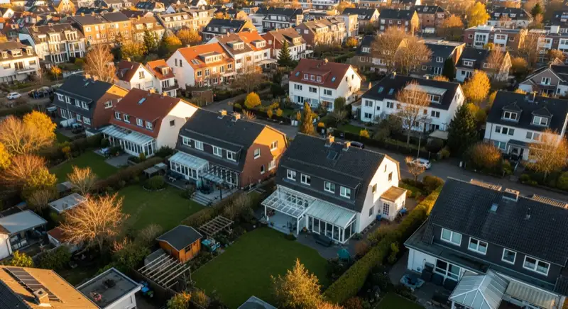 Aerial drone view of typical German residential neighborhood with mixed roof types, red and dark roof tiles, gardens visible, sunny day