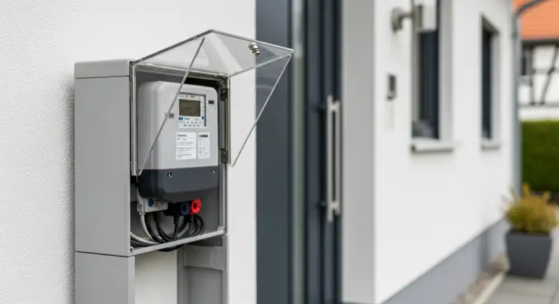 Modern German electrical meter cabinet (Zählerschrank) with smart meter and solar inverter connection, clean technical installation