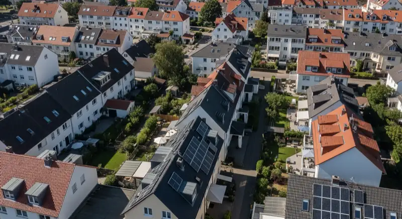 Aerial drone view of typical German residential neighborhood with mixed roof types, red and dark roof tiles, gardens visible, sunny day