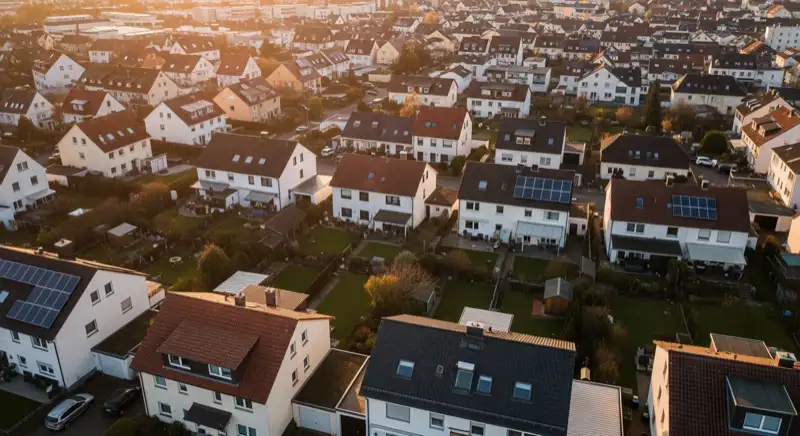 Aerial drone view of typical German residential neighborhood with mixed roof types, red and dark roof tiles, gardens visible, sunny day