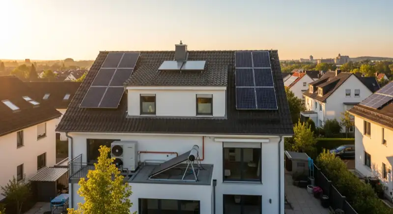Moderne Luft-Wasser-Wärmepumpe vor Einfamilienhaus in Hameln mit Solaranlage auf dem Dach