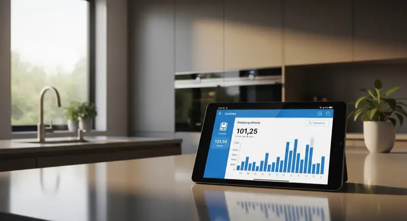 Smart-Home Display zeigt Energieverbrauch und Wärmepumpen-Effizienz in einem modernen Wohnzimmer