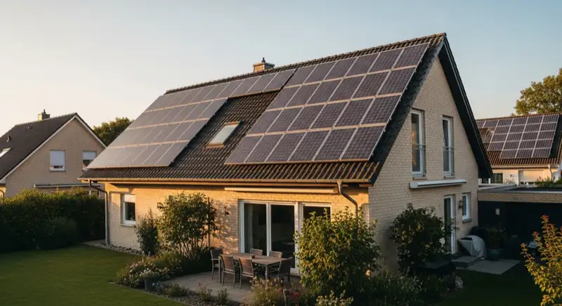 German detached house (Einfamilienhaus) with photovoltaic panels on pitched roof, well-maintained garden, warm afternoon sunlight