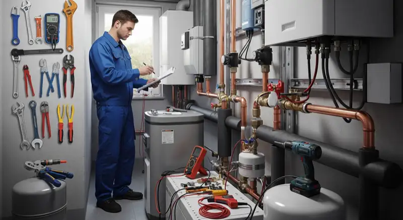 Heizungstechniker bei der fachgerechten Installation einer Wärmepumpe im Technikraum eines Hammer Hauses