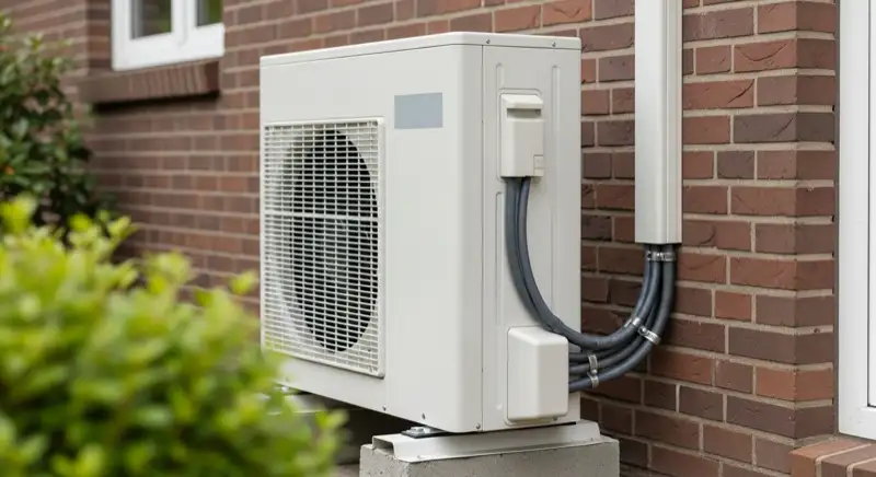 Nahaufnahme einer Luft-Wasser-Wärmepumpe, modernes Außengerät neben einer Hauswand in Hamm