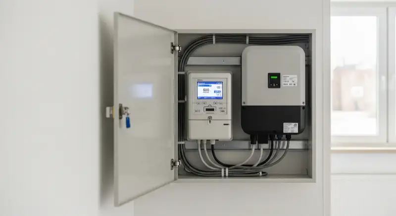 Modern German electrical meter cabinet (Zählerschrank) with smart meter and solar inverter connection, clean technical installation