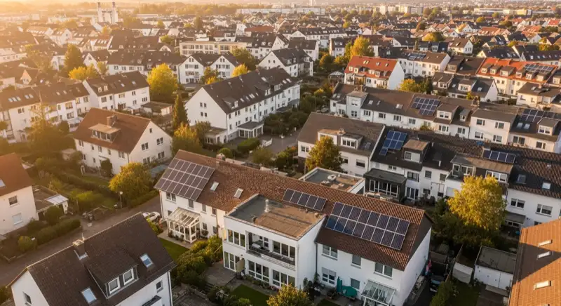 Aerial drone view of typical German residential neighborhood with mixed roof types, red and dark roof tiles, gardens visible, sunny day