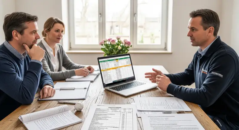 Energieberater mit Kostenaufstellung für Wärmepumpen in Hanau, Laptop und Dokumente auf dem Schreibtisch
