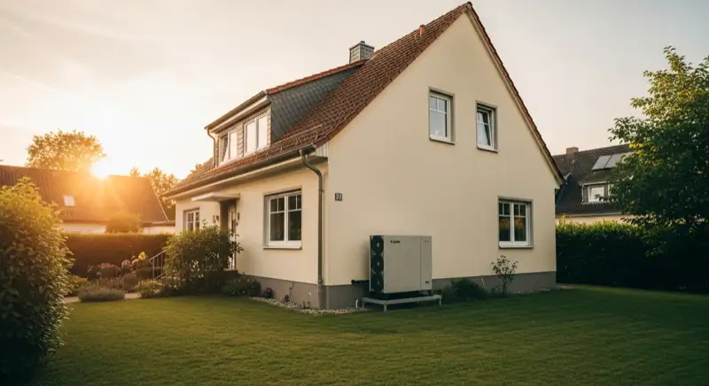 Hausbesitzer-Paar vor Einfamilienhaus in Hannover, sonniger Tag, positive Energie-Szenerie