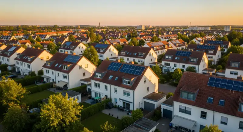 Wohngebiete in Hannover mit verschiedenen Bauformen, typische Einfamilienhäuser und Dachstrukturen aus der Luft