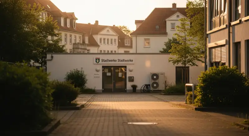 Blick auf das Stadtwerke-Gebäude in Hannover mit Service-Eingang, lokale Versorgeratmosphäre