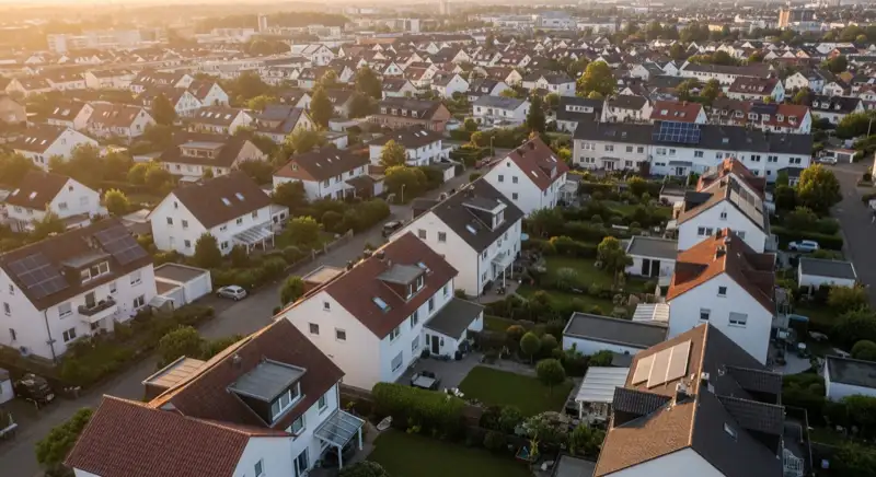 Aerial drone view of typical German residential neighborhood with mixed roof types, red and dark roof tiles, gardens visible, sunny day